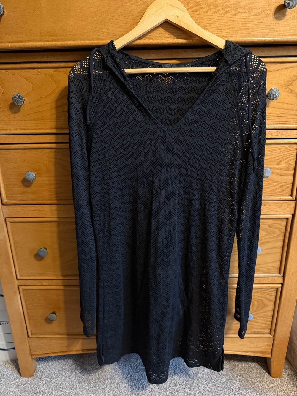 Prana Luiza Tunic Womens Size Large Black Hooded Front Pocket Mesh Coverup
